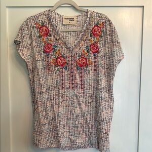 Savanna Jane Black and Gray Cap Sleeve Graphic Blouse